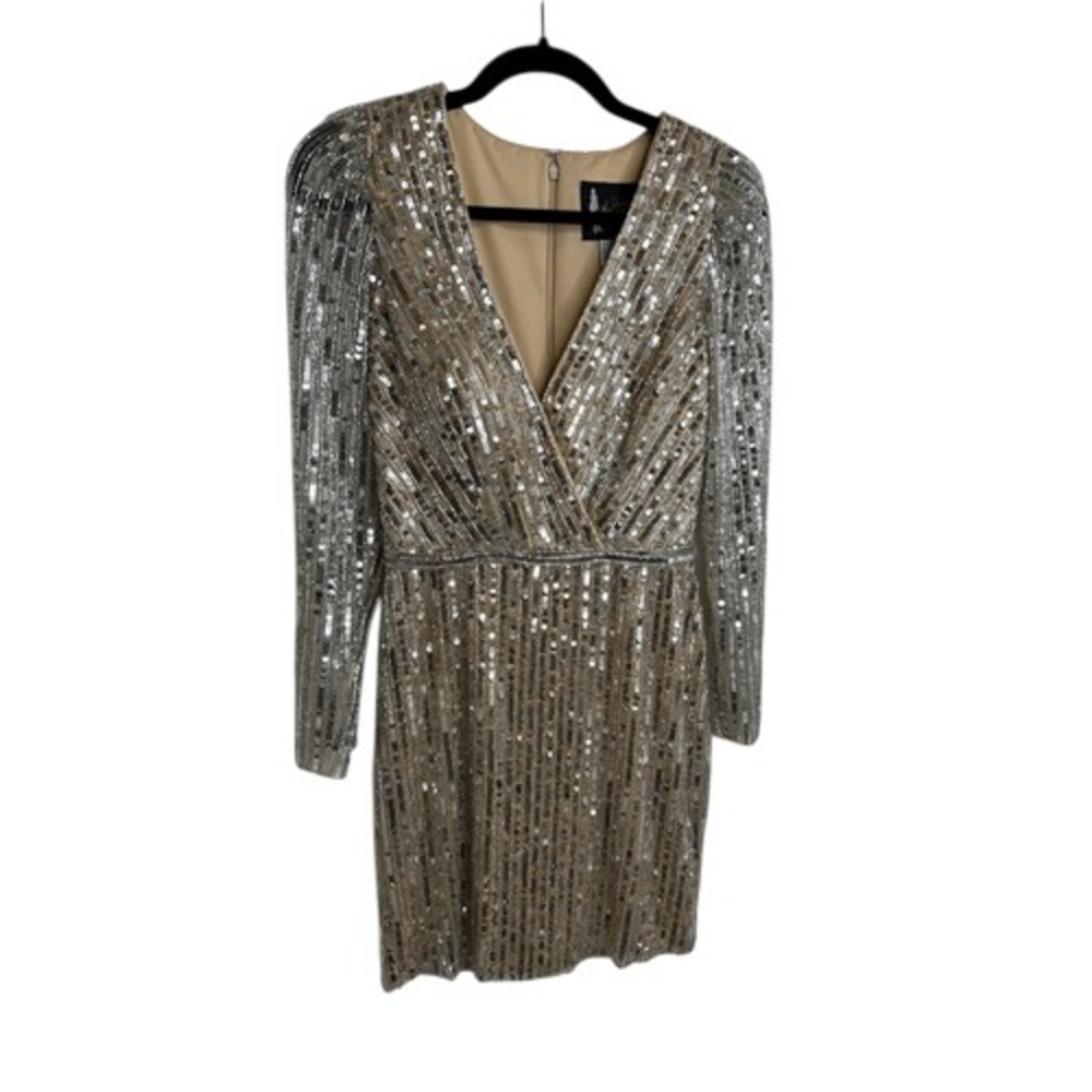 Mac Duggal Womens Silver Sequin Long Sleeve V-Neck Mini Cocktail Dress Size‎ 2